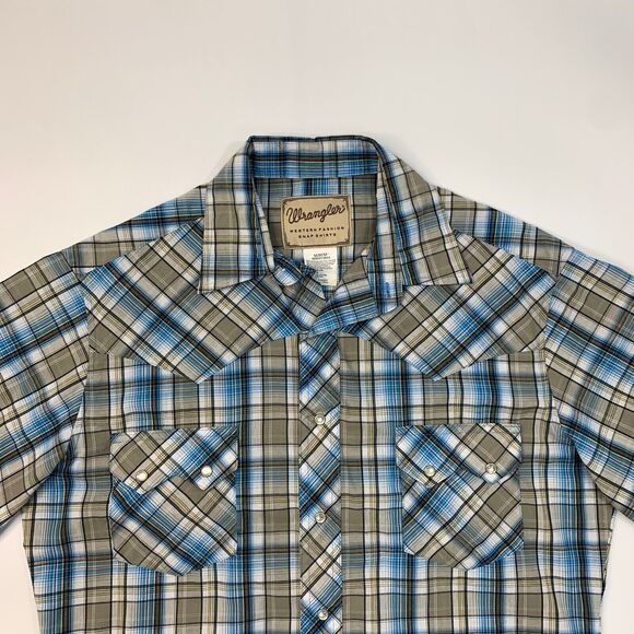 Wrangler Shirt Mens M Stone Blue Plaid Western Yoke Pearl Snap Button Pockets - Picture 3 of 10